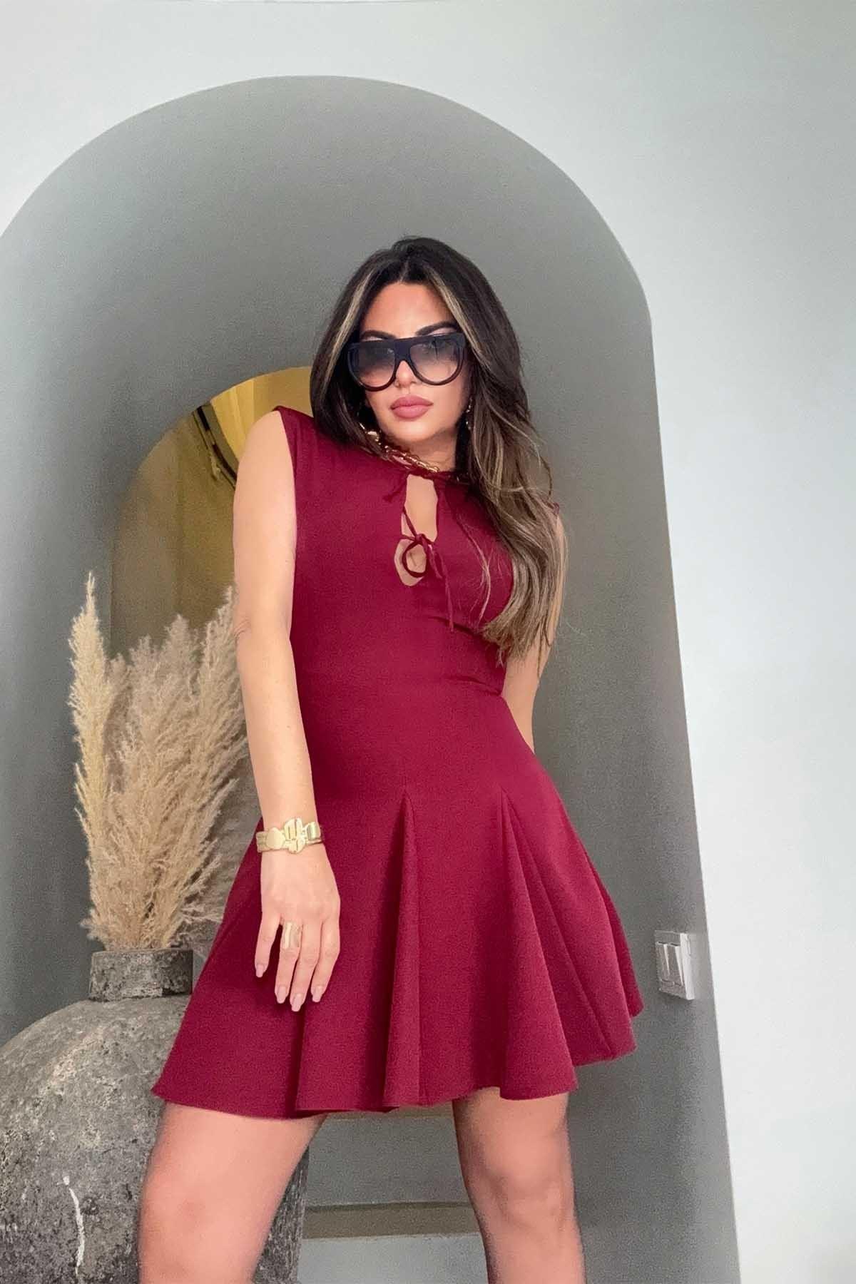 Zr Krep Kumaş Bağçıklı Elbise Bordo