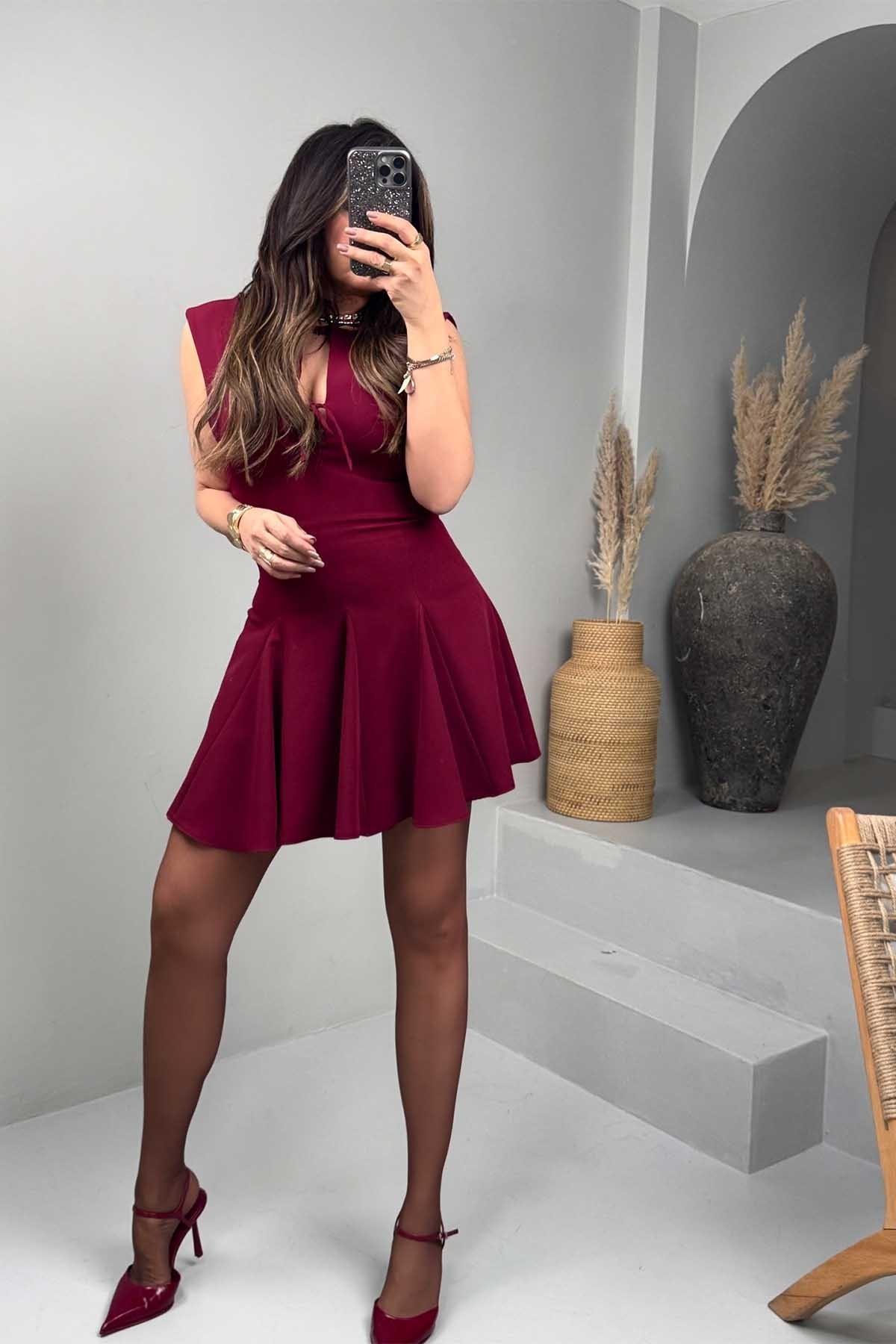 Zr Krep Kumaş Bağçıklı Elbise Bordo