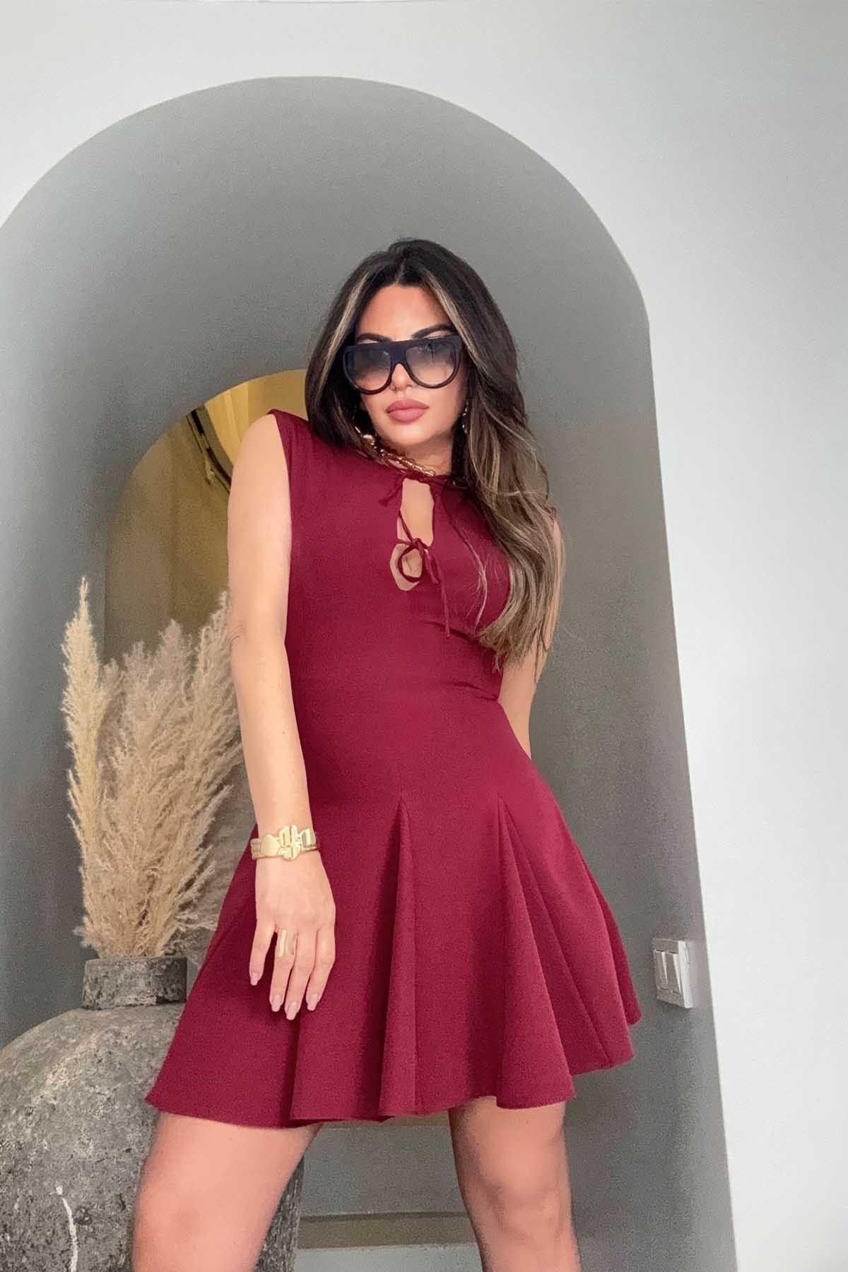 Zr Krep Kumaş Bağçıklı Elbise Bordo