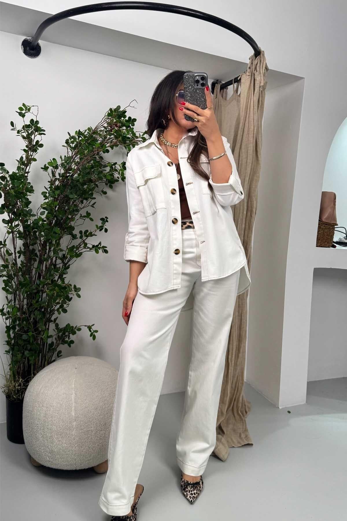 ZR Model Kontrast Dikişli Kanvas Takım Ekru