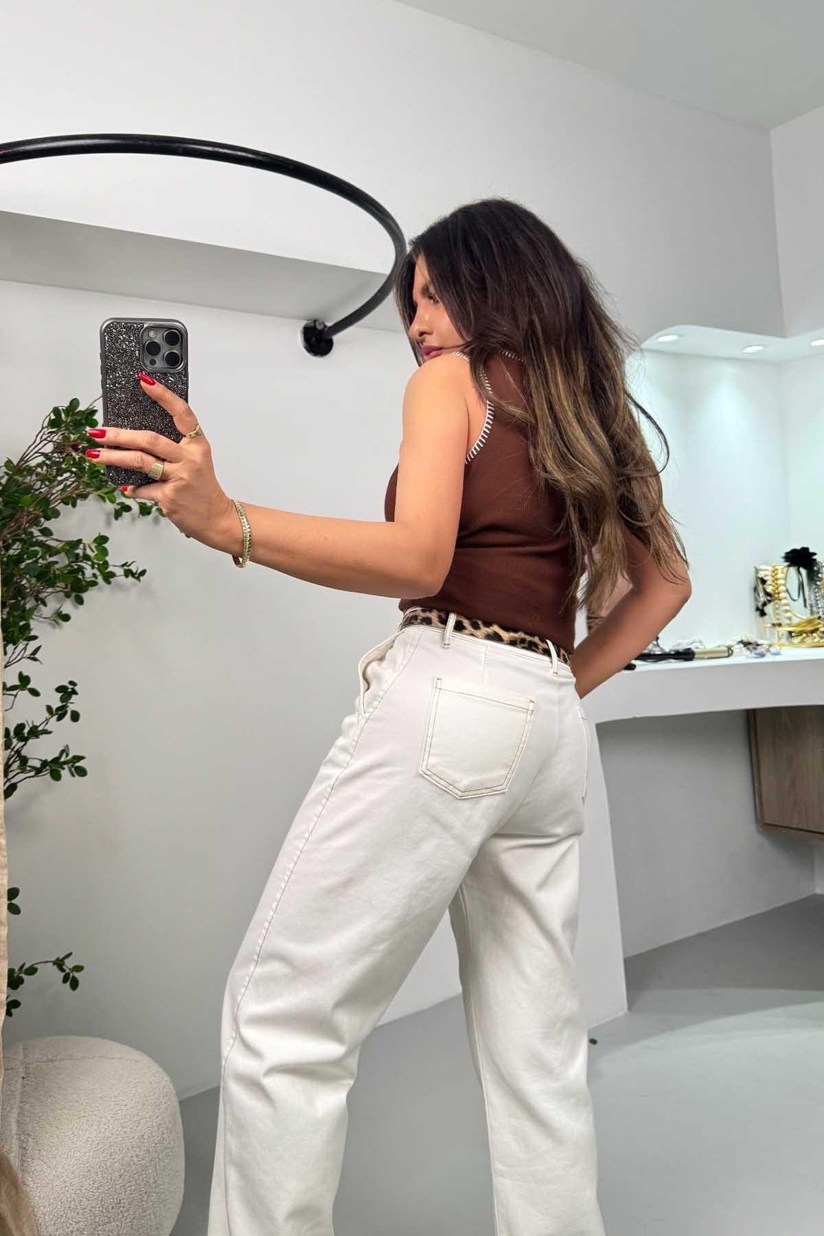 ZR Model Kontrast Dikişli Kanvas Takım Ekru