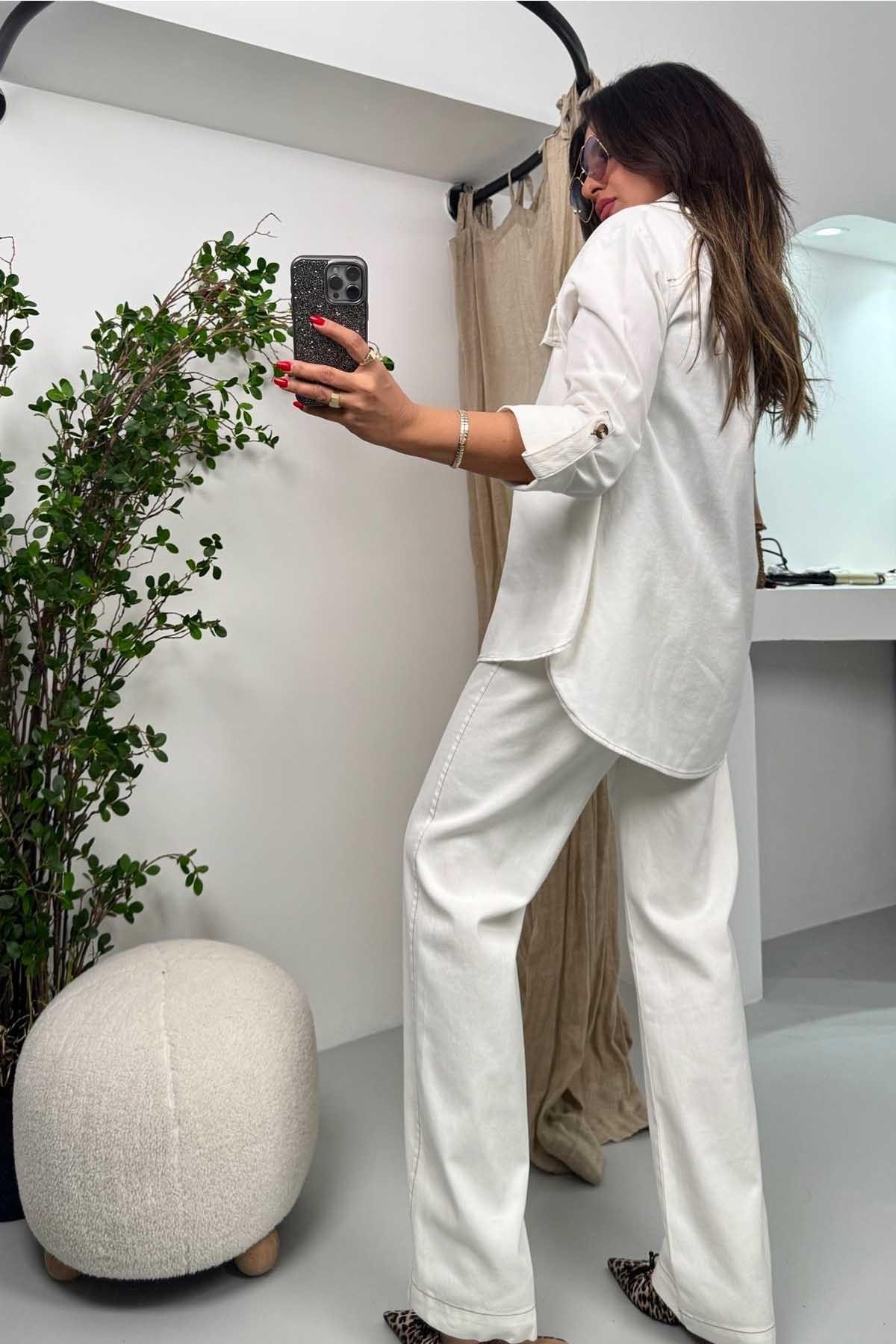 ZR Model Kontrast Dikişli Kanvas Takım Ekru