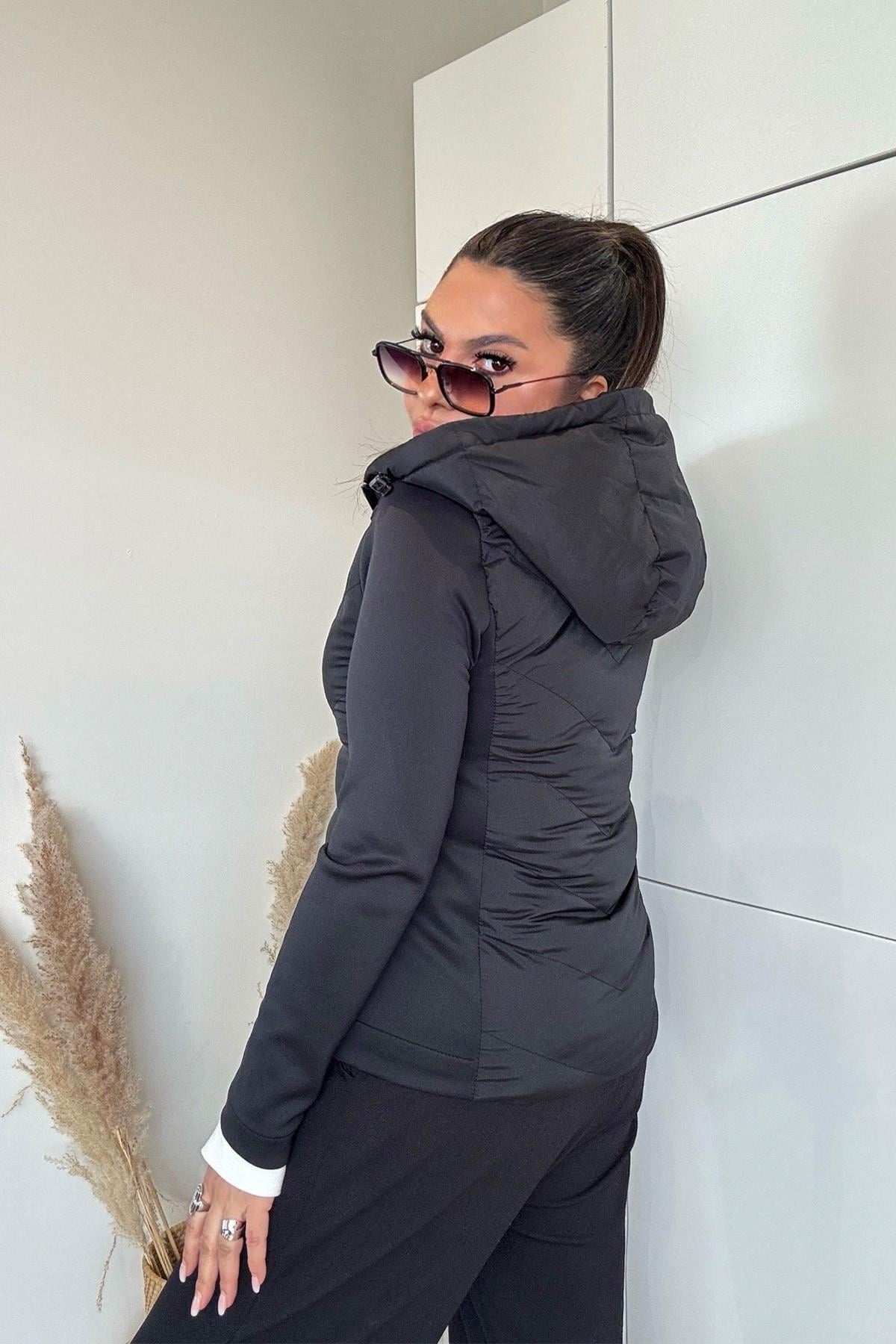Zr Model Kontrast Şişme Mont Siyah