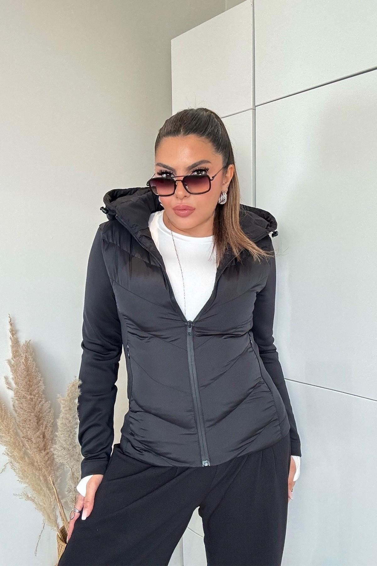 Zr Model Kontrast Şişme Mont Siyah