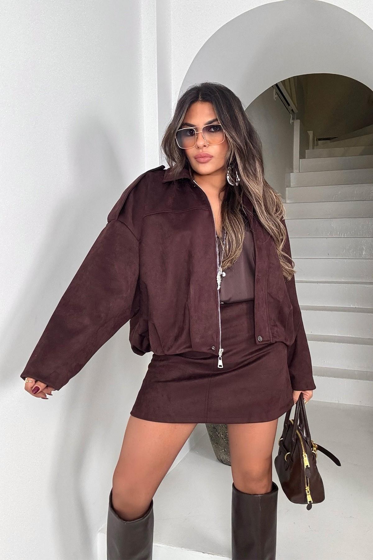 Zr Model Süet Görünümlü Bomber Ceket Acı Kahve
