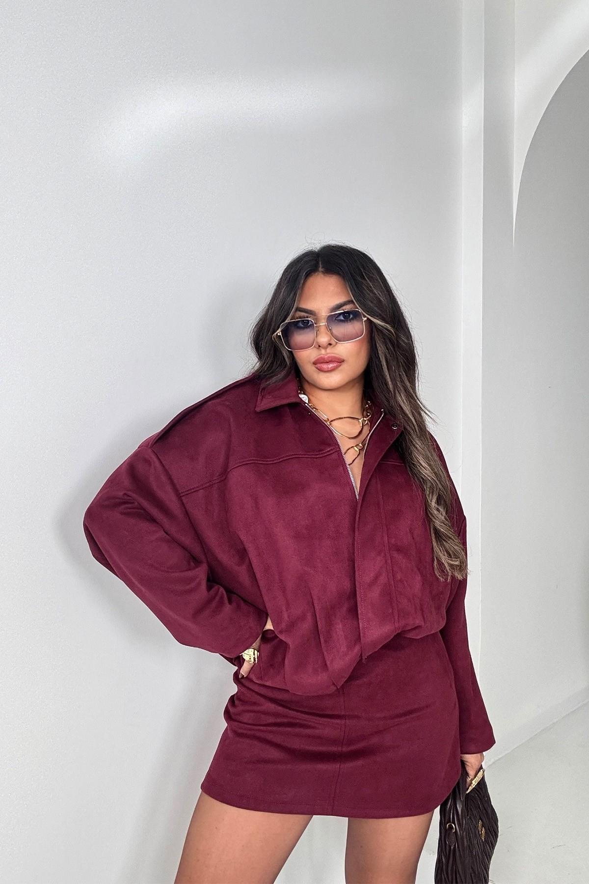 Zr Model Süet Görünümlü Bomber Ceket Bordo
