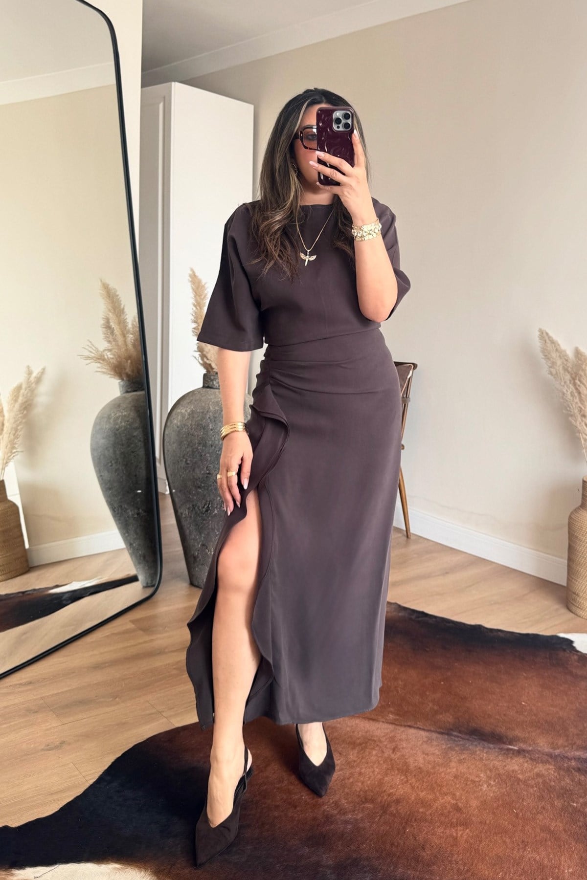 Zr Model Tencel Kumaş Yırtmaçlı Elbise Kahve