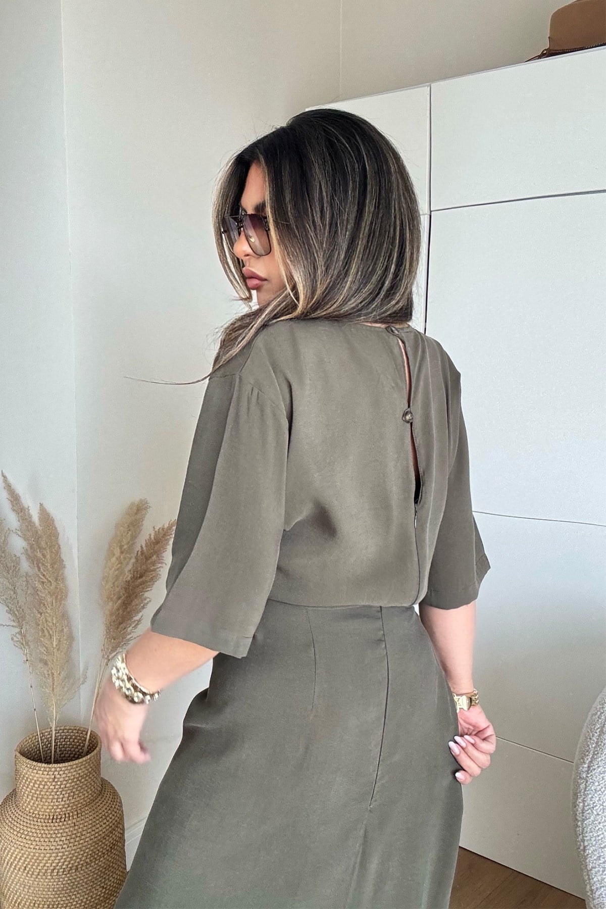 Zr Model Tencel Kumaş Yırtmaçlı Elbise Haki