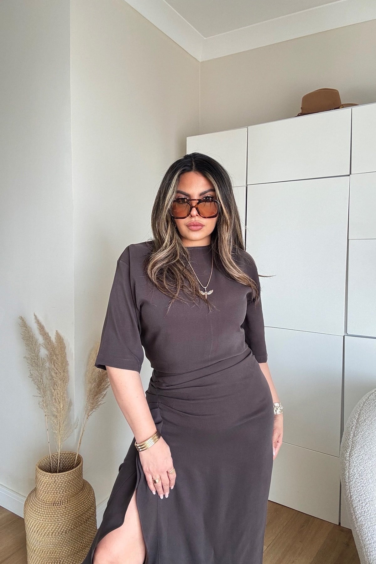 Zr Model Tencel Kumaş Yırtmaçlı Elbise Kahve