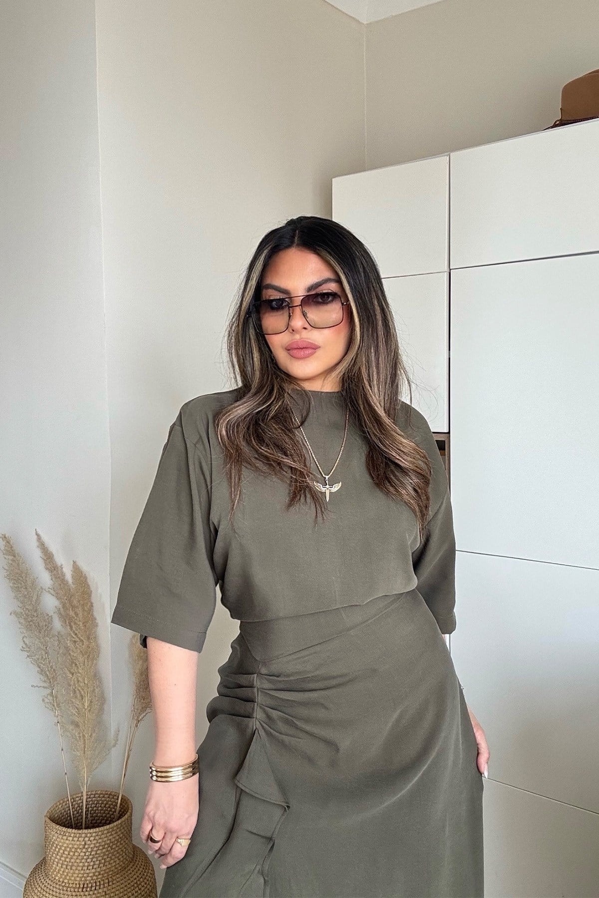Zr Model Tencel Kumaş Yırtmaçlı Elbise Haki