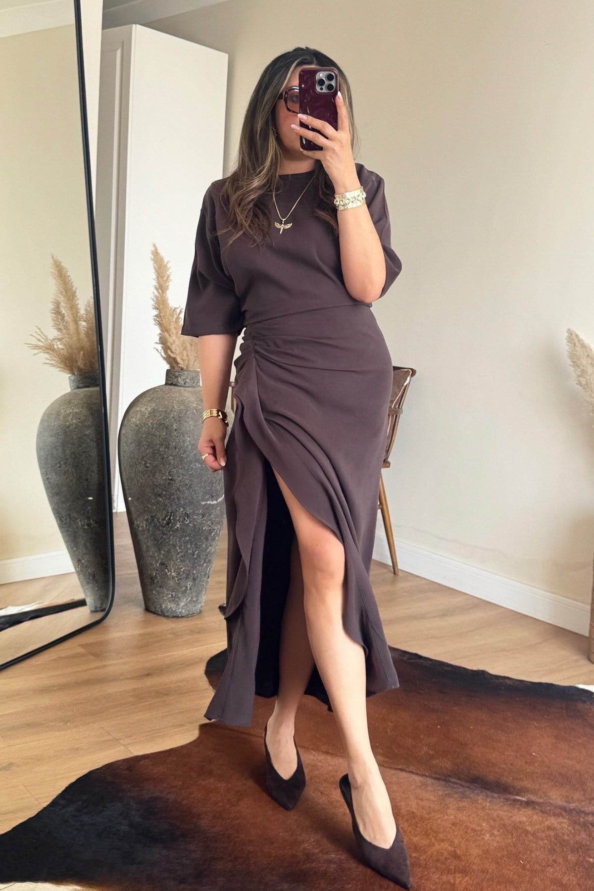 Zr Model Tencel Kumaş Yırtmaçlı Elbise Kahve