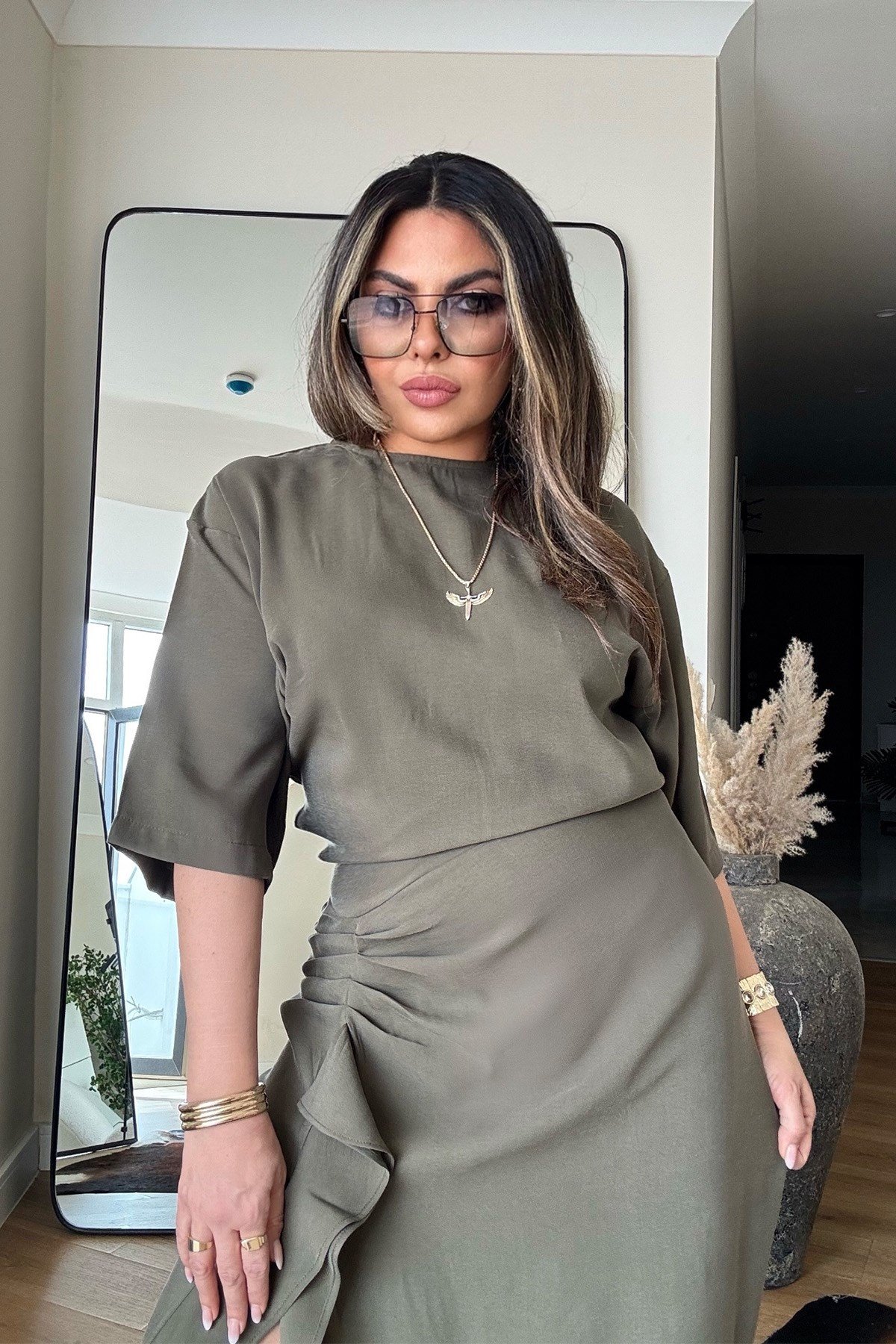 Zr Model Tencel Kumaş Yırtmaçlı Elbise Haki