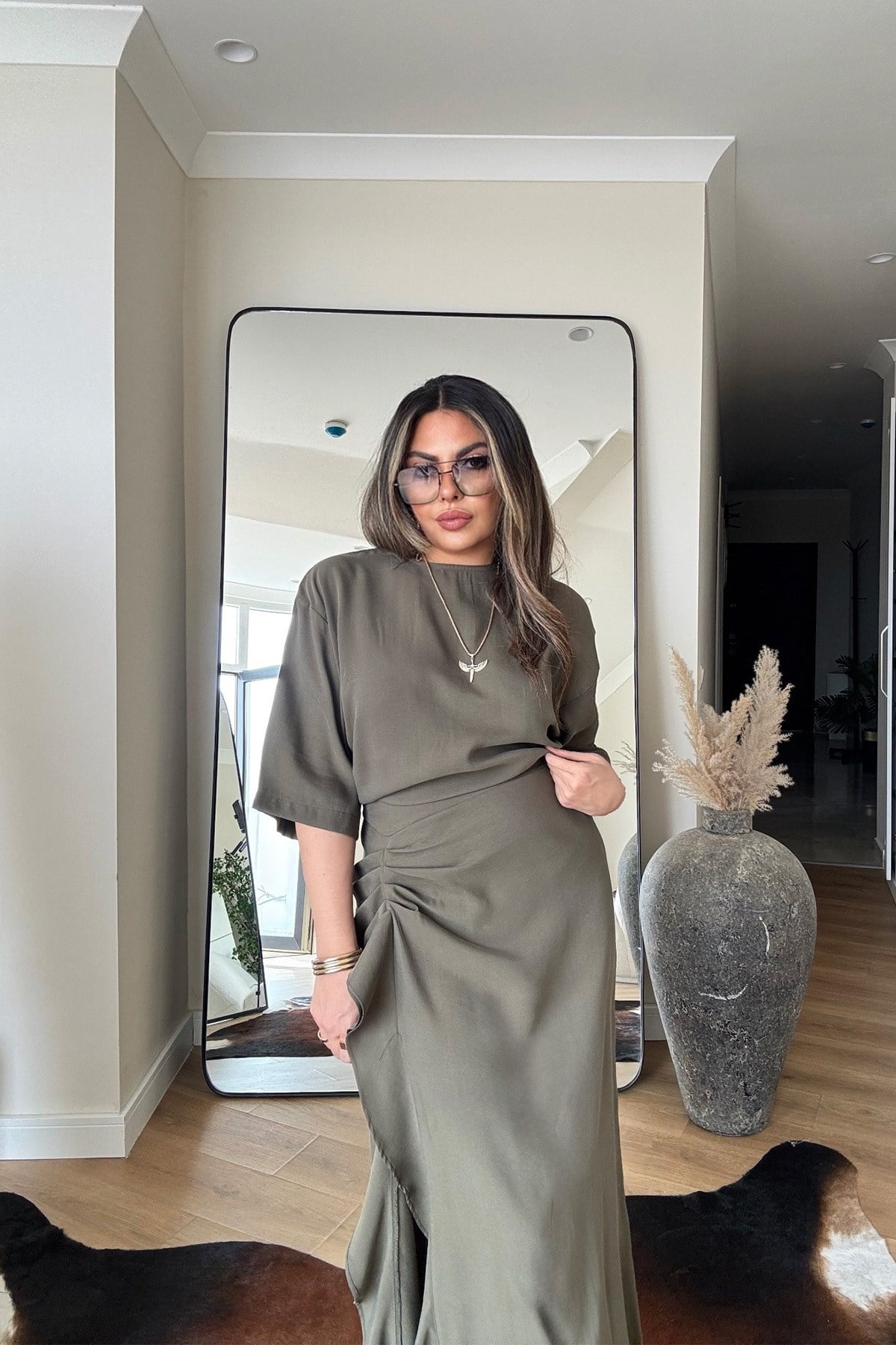Zr Model Tencel Kumaş Yırtmaçlı Elbise Haki