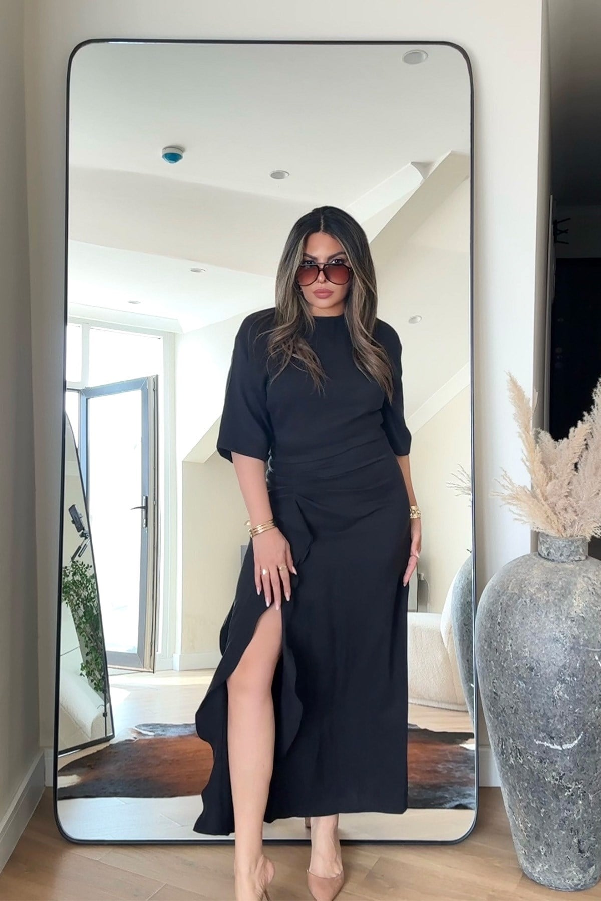 Zr Model Tencel Kumaş Yırtmaçlı Elbise Siyah