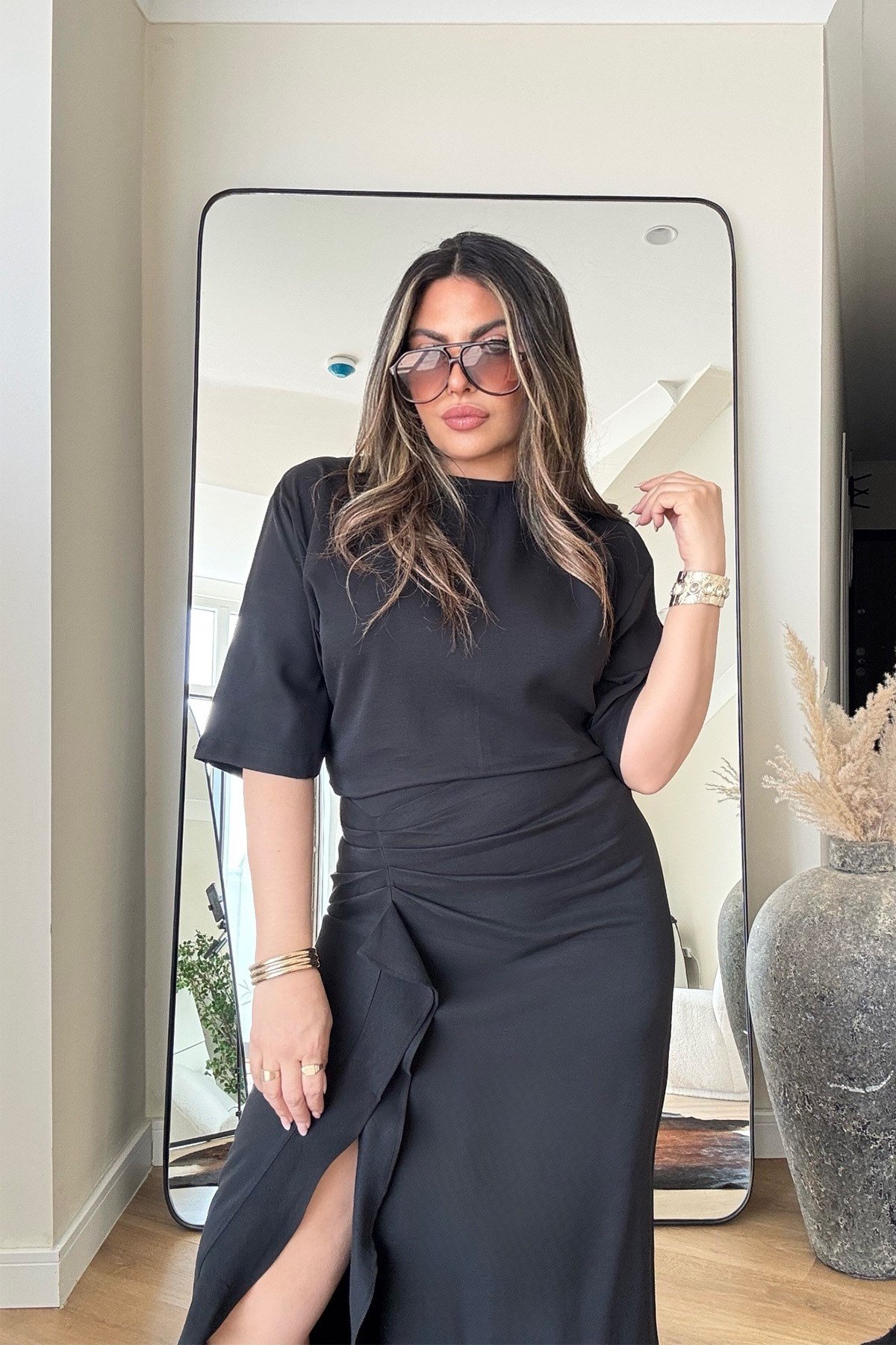 Zr Model Tencel Kumaş Yırtmaçlı Elbise Siyah