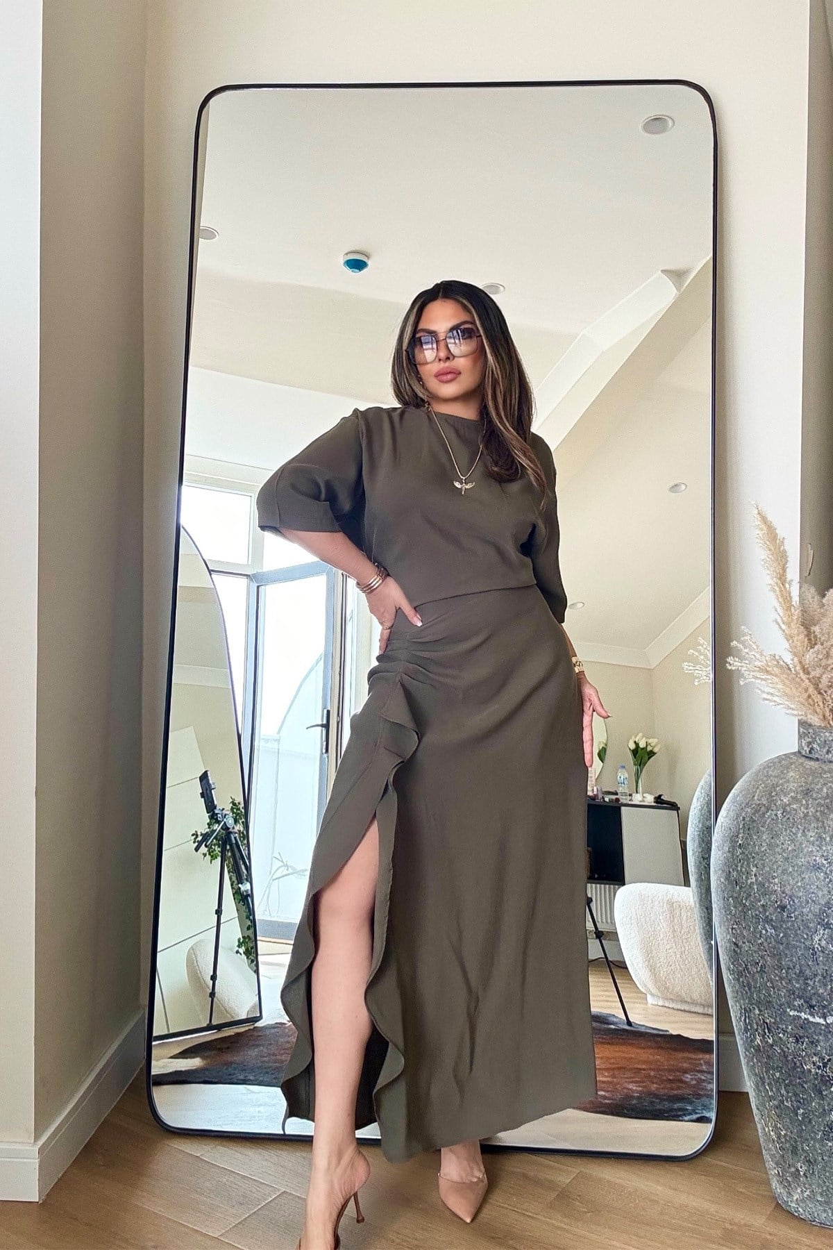 Zr Model Tencel Kumaş Yırtmaçlı Elbise Haki