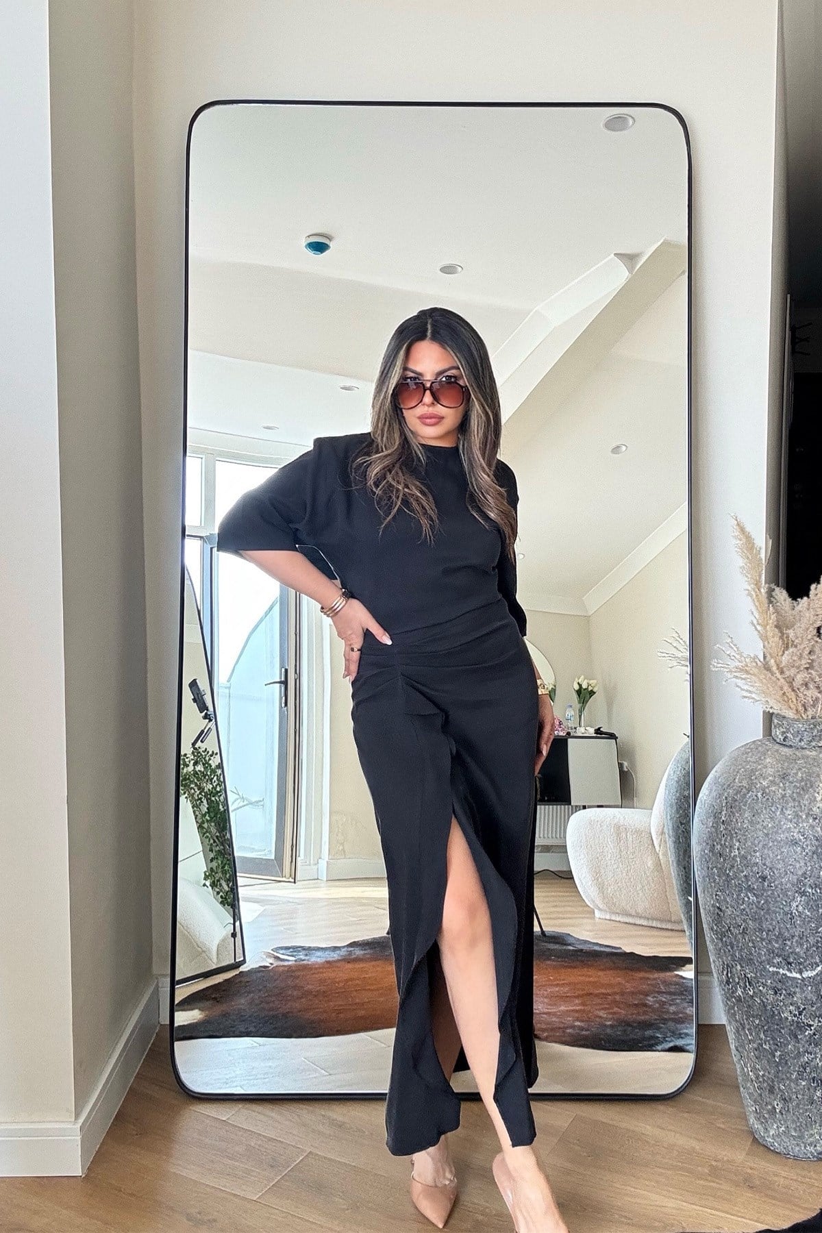 Zr Model Tencel Kumaş Yırtmaçlı Elbise Siyah