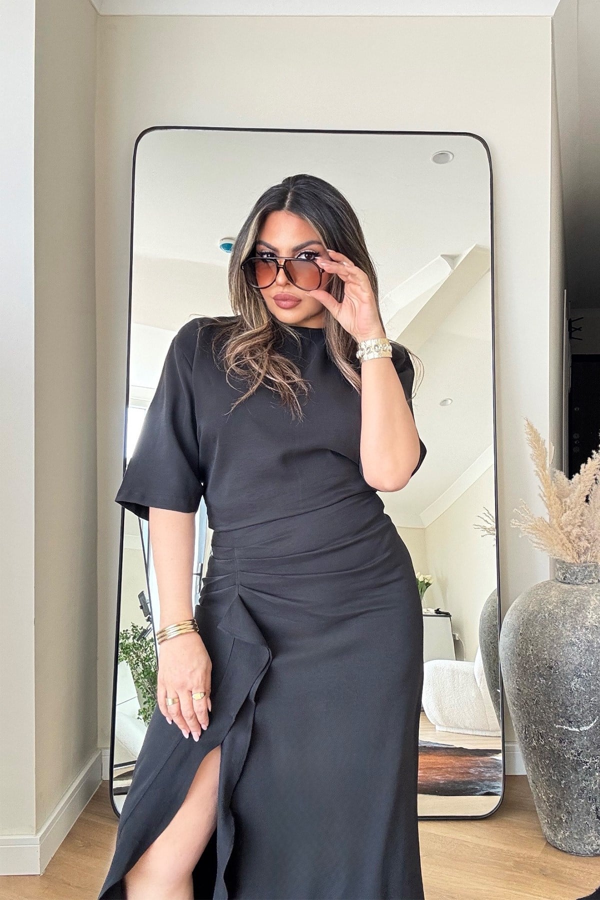 Zr Model Tencel Kumaş Yırtmaçlı Elbise Siyah
