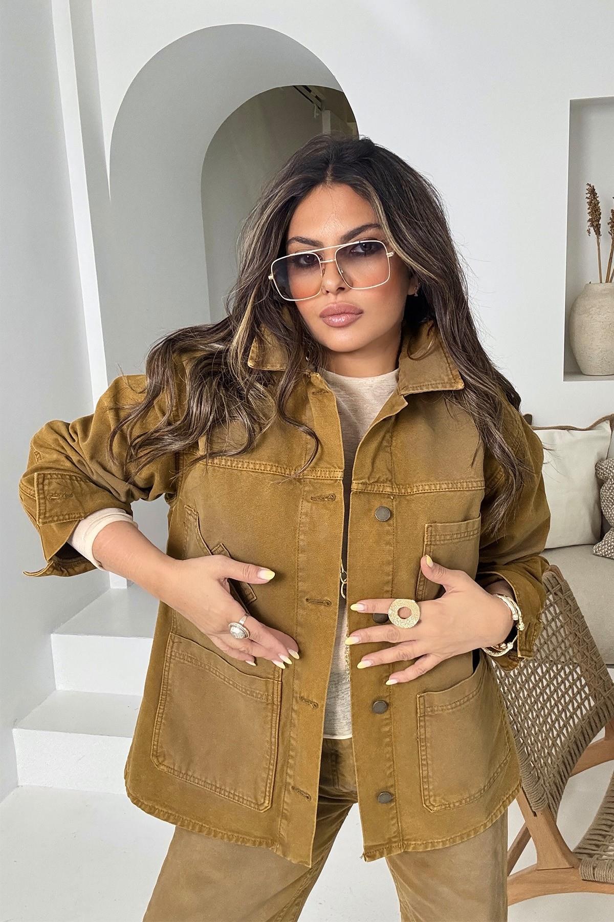 ZR Model Yıkamalı Jean Takım Hardal