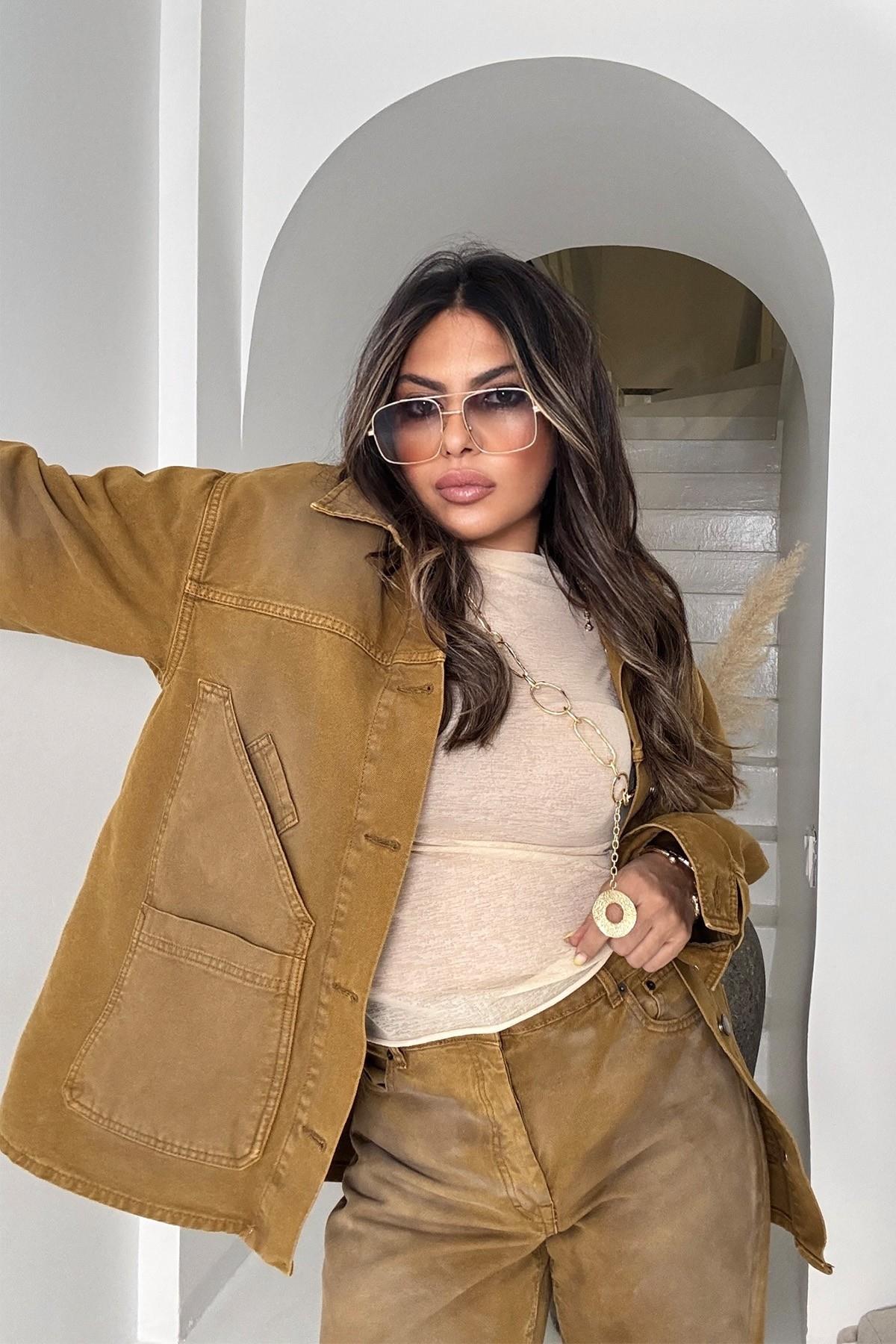 ZR Model Yıkamalı Jean Takım Hardal