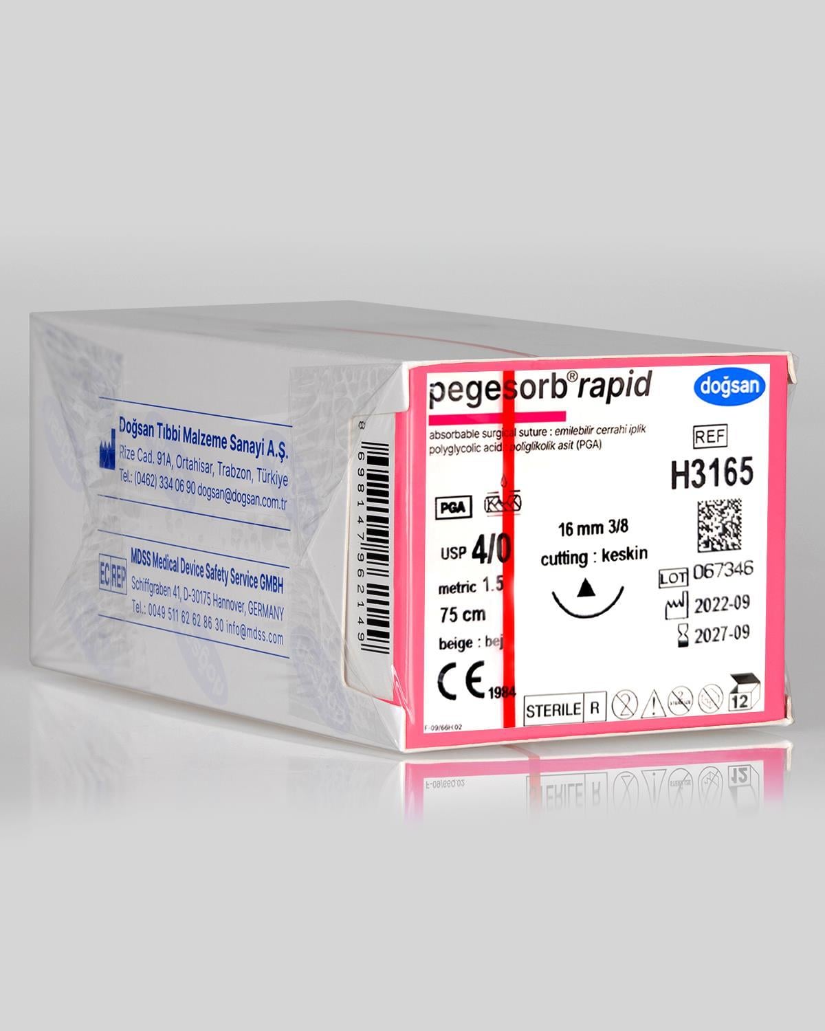 Pegesorb Rapid 4/0 16 3/8 Keskin (Δ) 75cm PGLA Emilebilir Sütür 12 Ad./Pkt