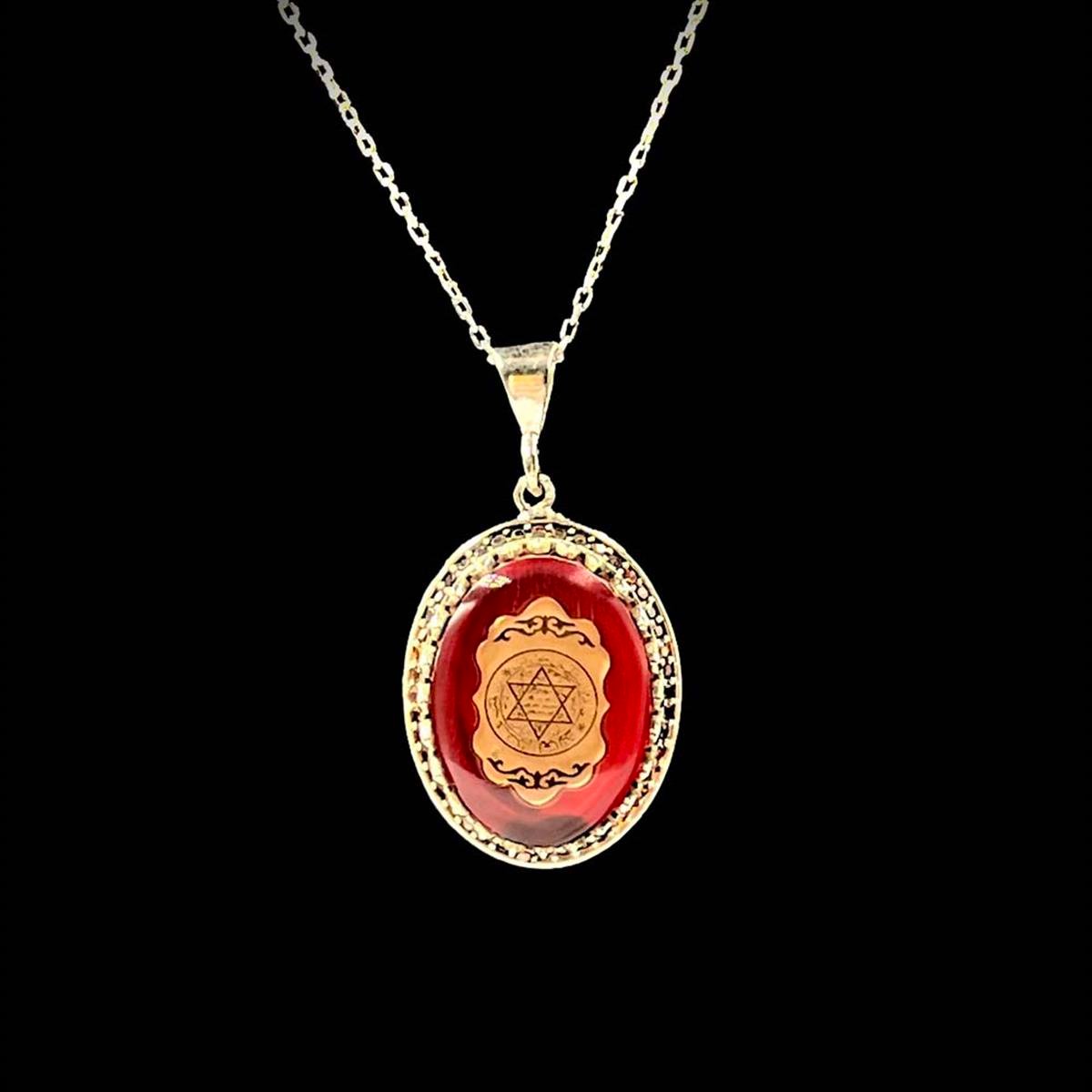  Kehribar Üzeri Süleyman Mühürlü İşlemeli Gümüş Kolye