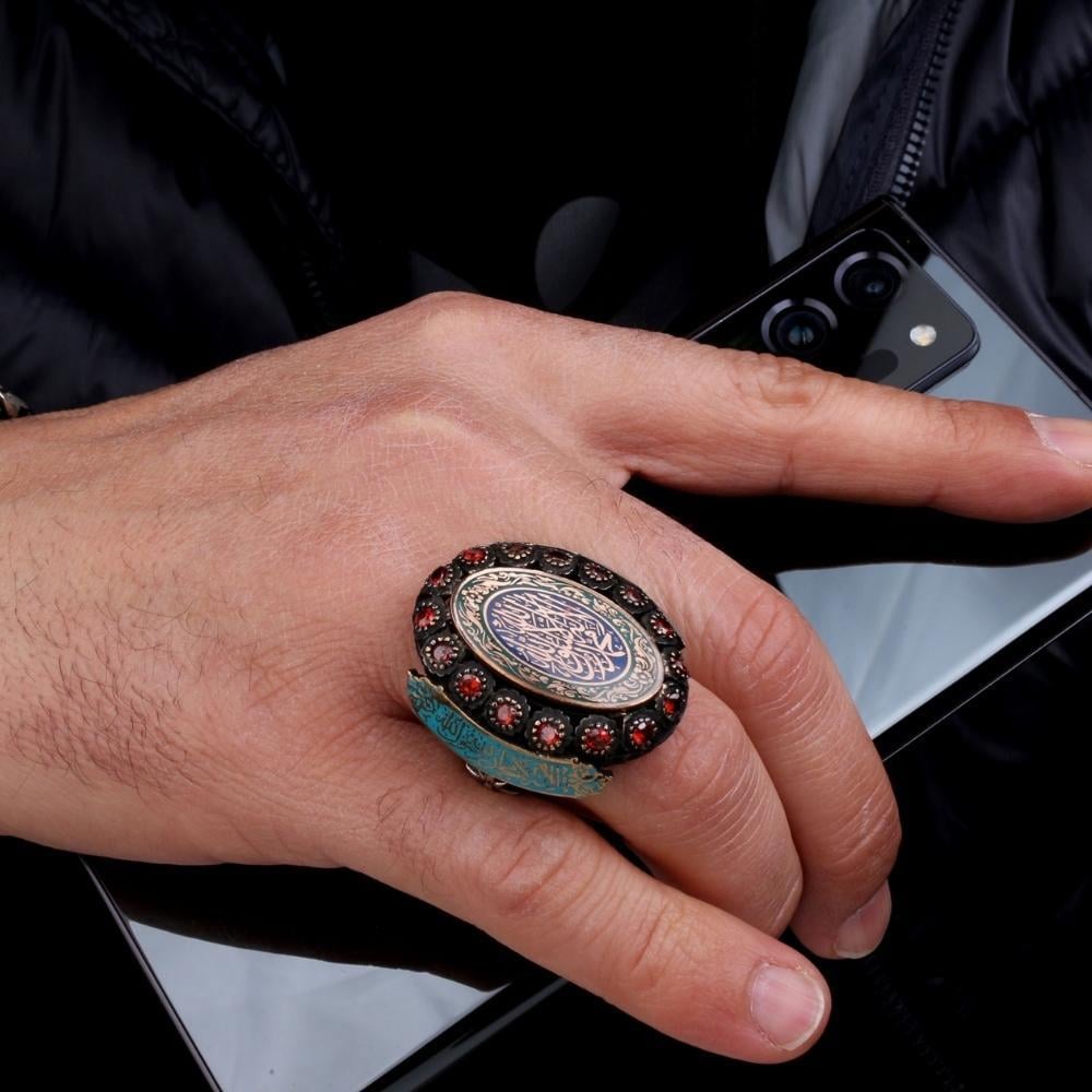  Kelime-i Tevhid Kırmızı Zirkon Taşlı Gümüş YüzükKelime-i Tevhid Yüzük