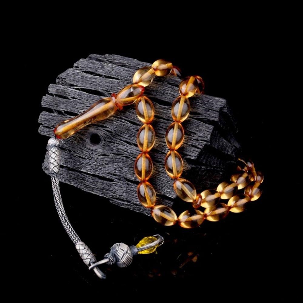 1000 Ayar Gümüş Püsküllü Arpa Kesim Ateş Kehribar TesbihAteş Kehribar Tesbih