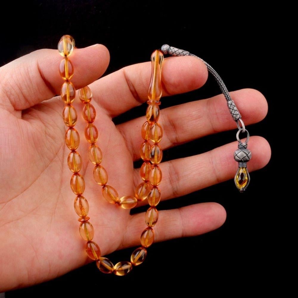 1000 Ayar Gümüş Püsküllü Arpa Kesim Ateş Kehribar TesbihAteş Kehribar Tesbih