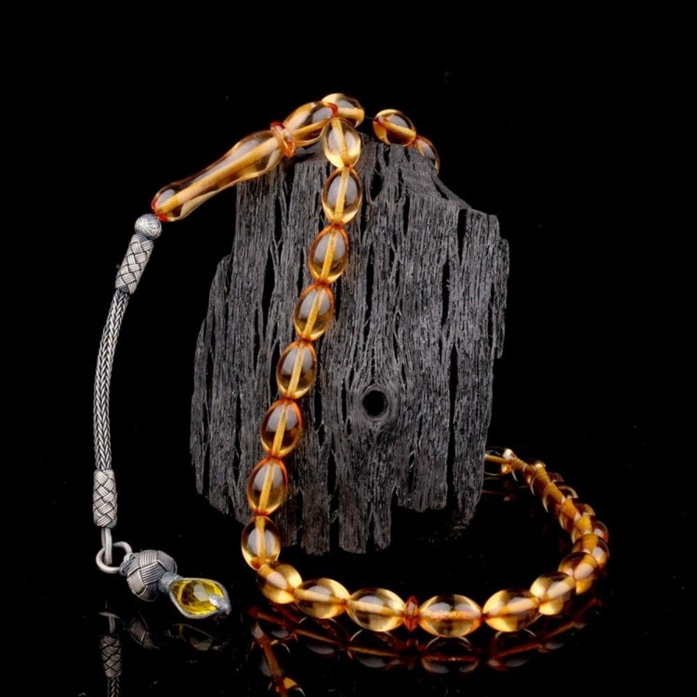 1000 Ayar Gümüş Püsküllü Arpa Kesim Ateş Kehribar TesbihAteş Kehribar Tesbih