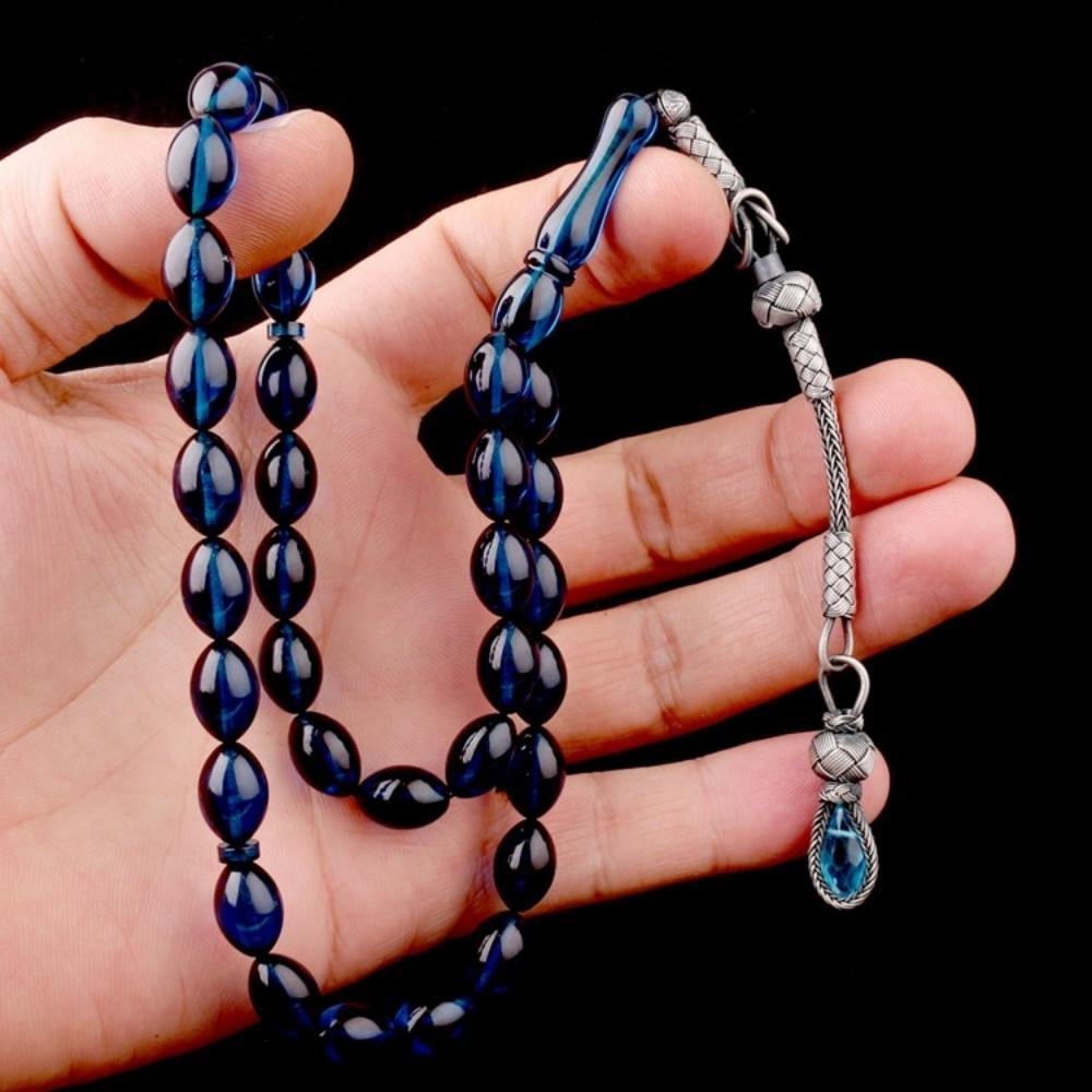 1000 Ayar Gümüş Püsküllü Arpa Kesim Mavi Renk Ateş Kehribar TesbihAteş Kehribar Tesbih