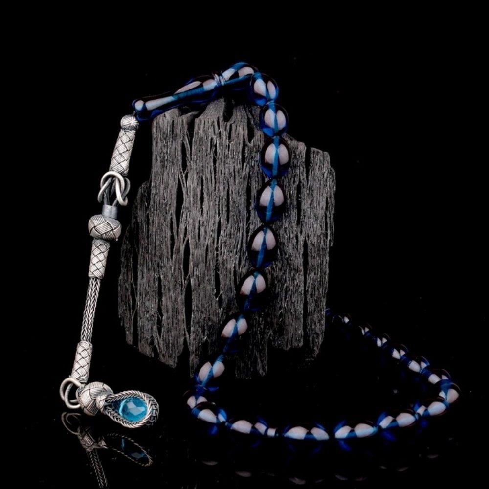 1000 Ayar Gümüş Püsküllü Arpa Kesim Mavi Renk Ateş Kehribar TesbihAteş Kehribar Tesbih