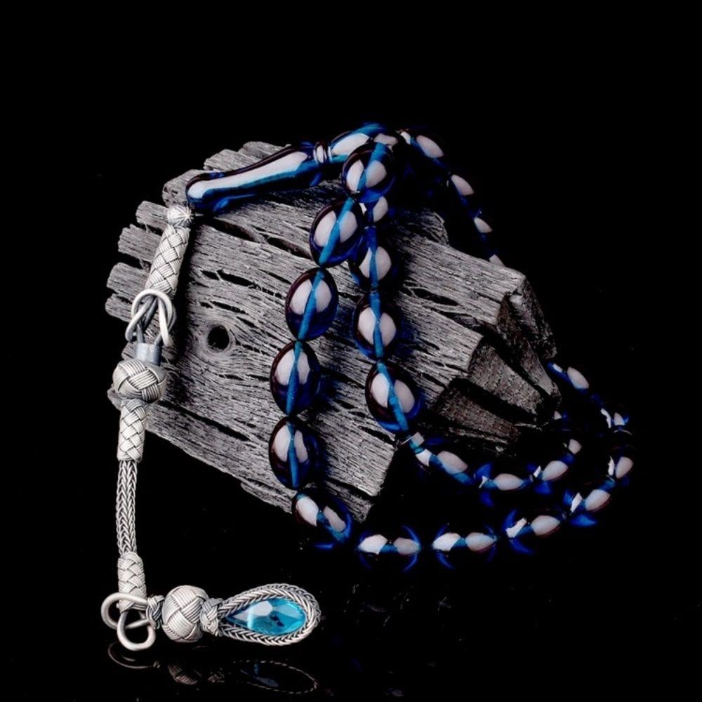 1000 Ayar Gümüş Püsküllü Arpa Kesim Mavi Renk Ateş Kehribar TesbihAteş Kehribar Tesbih