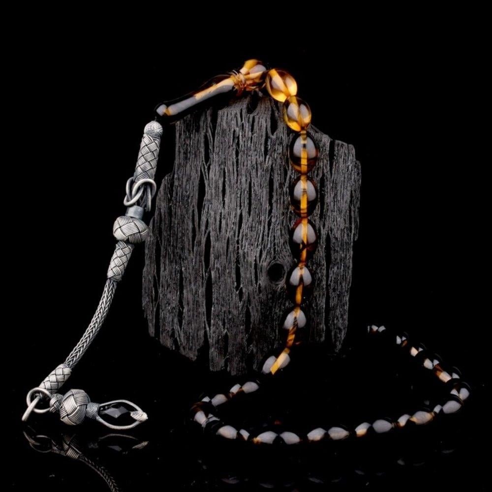 1000 Ayar Gümüş Püsküllü Arpa Kesim Süzme Renk Ateş Kehribar TesbihAteş Kehribar Tesbih