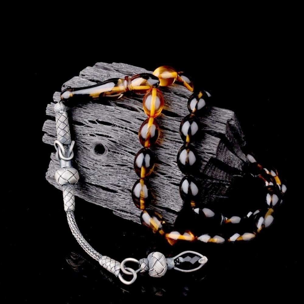 1000 Ayar Gümüş Püsküllü Arpa Kesim Süzme Renk Ateş Kehribar TesbihAteş Kehribar Tesbih