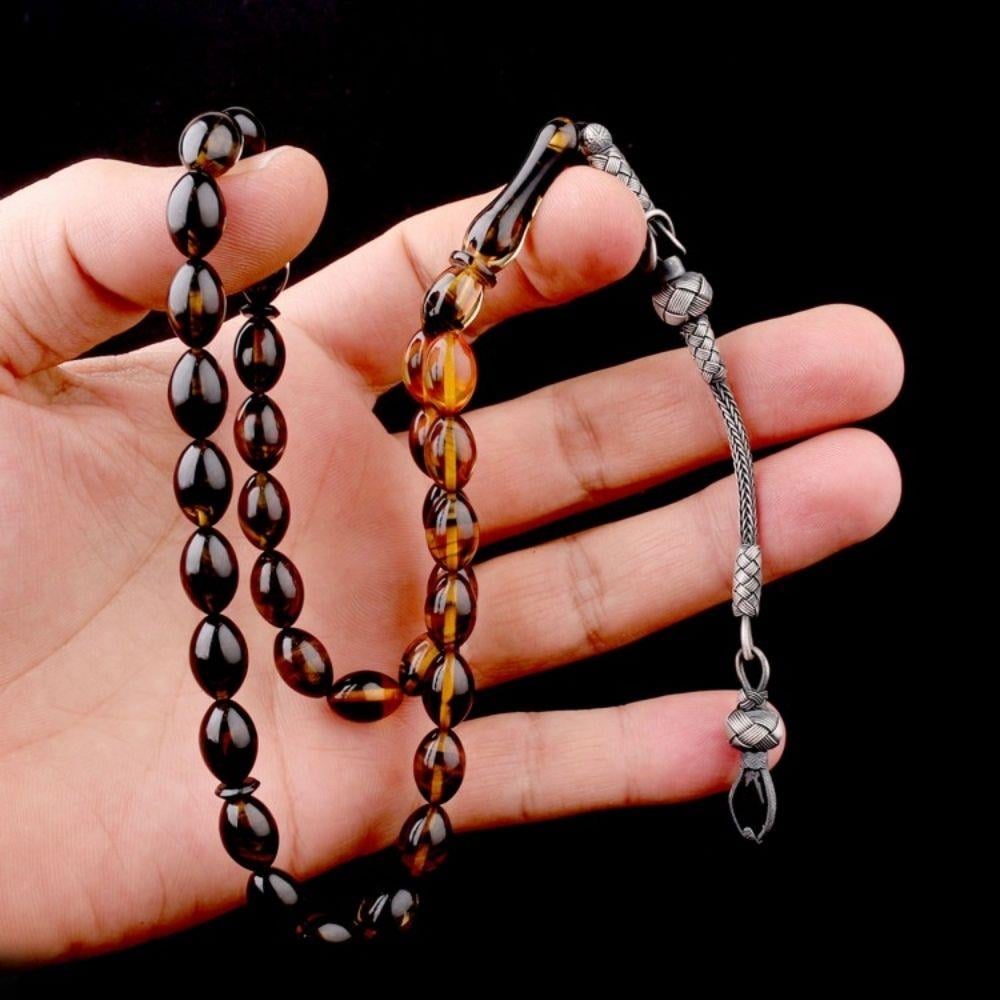 1000 Ayar Gümüş Püsküllü Arpa Kesim Süzme Renk Ateş Kehribar TesbihAteş Kehribar Tesbih