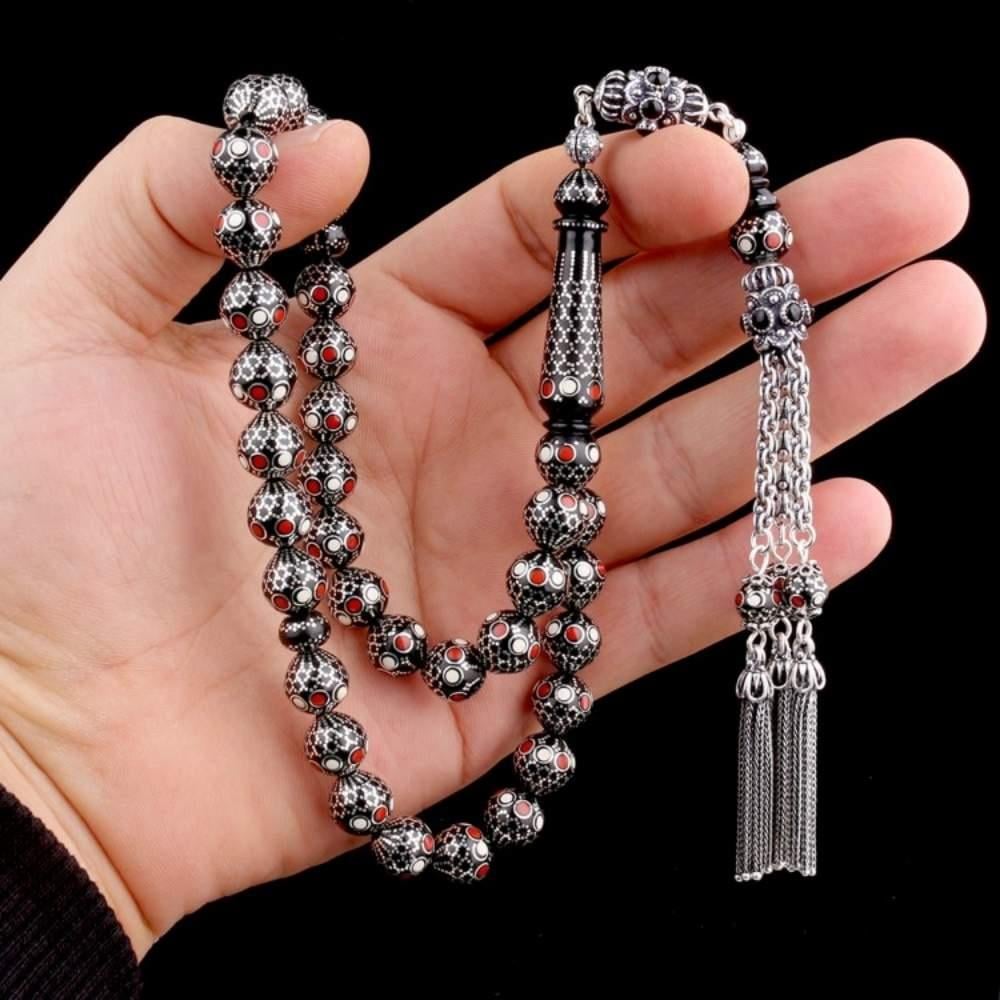 10mm Gümüş İşlemeli Kırmızı Beyaz Mineli Kuka TesbihKuka Tesbih
