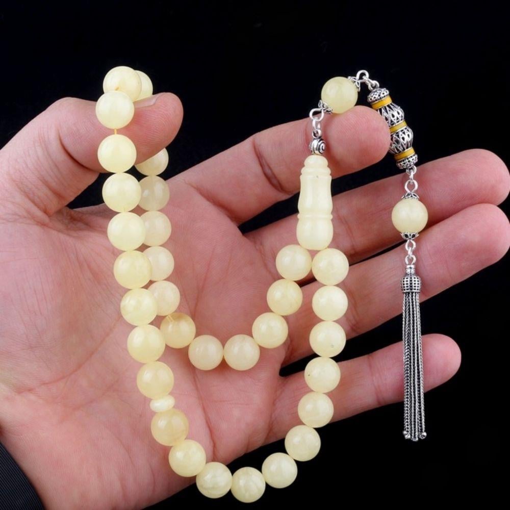 10mm Mat Renk Gümüş Püsküllü Damla Kehribar TesbihDamla Kehribar Tesbih