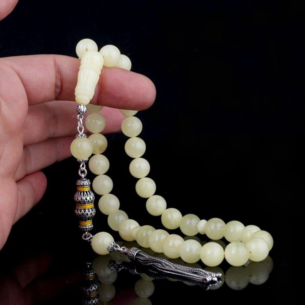 10mm Mat Renk Gümüş Püsküllü Damla Kehribar TesbihDamla Kehribar Tesbih