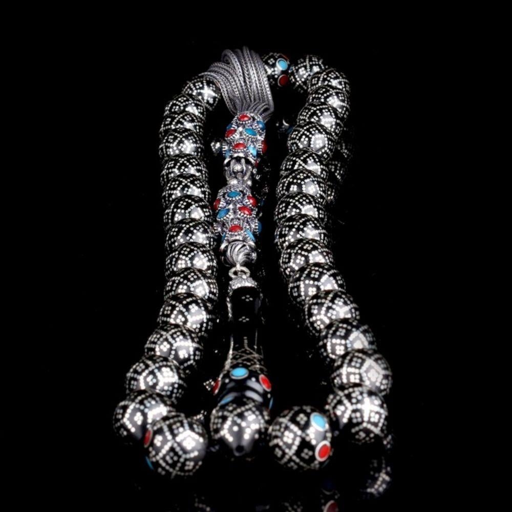 11mm Gümüş İşleme Bordo Mavi Mineli Usta El İşçiliği Kuka Tesbih