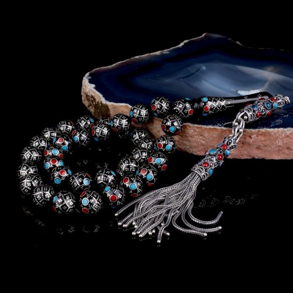 11mm Gümüş İşleme Bordo Mavi Mineli Usta El İşçiliği Kuka Tesbih