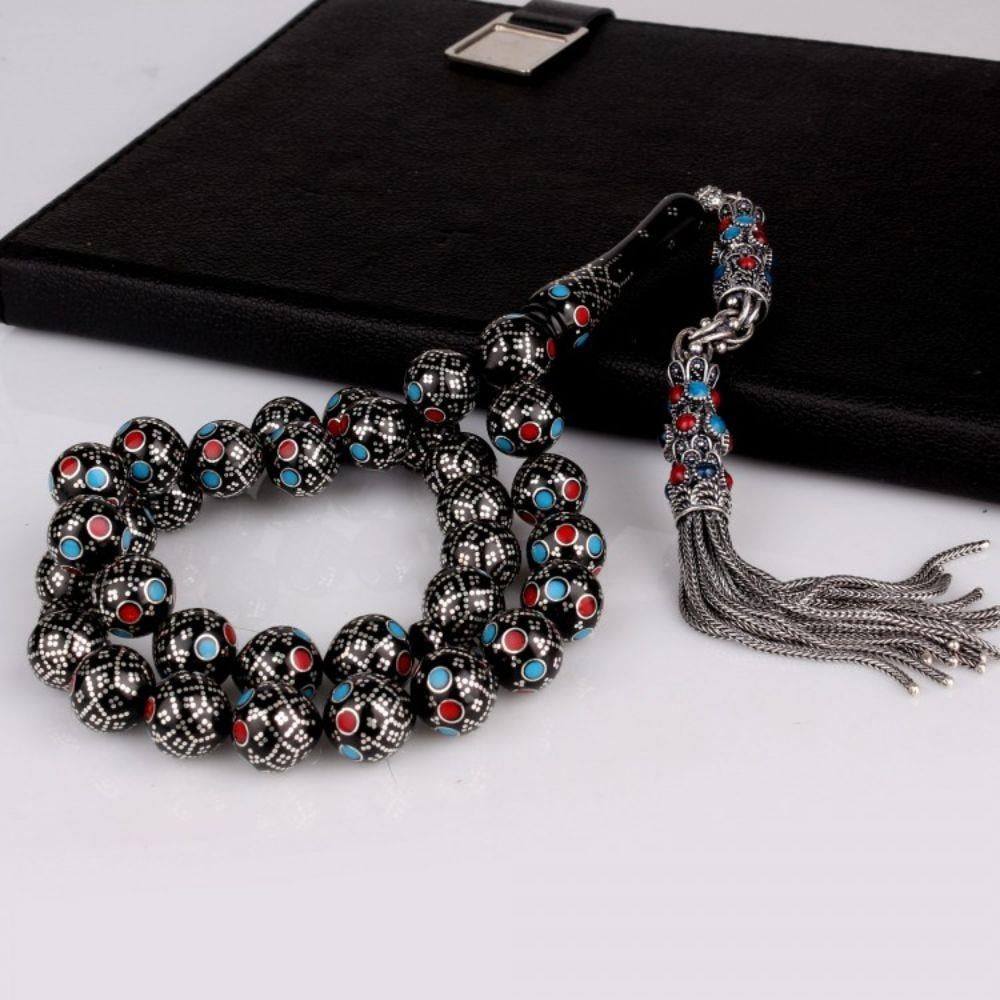 11mm Gümüş İşleme Bordo Mavi Mineli Usta El İşçiliği Kuka Tesbih