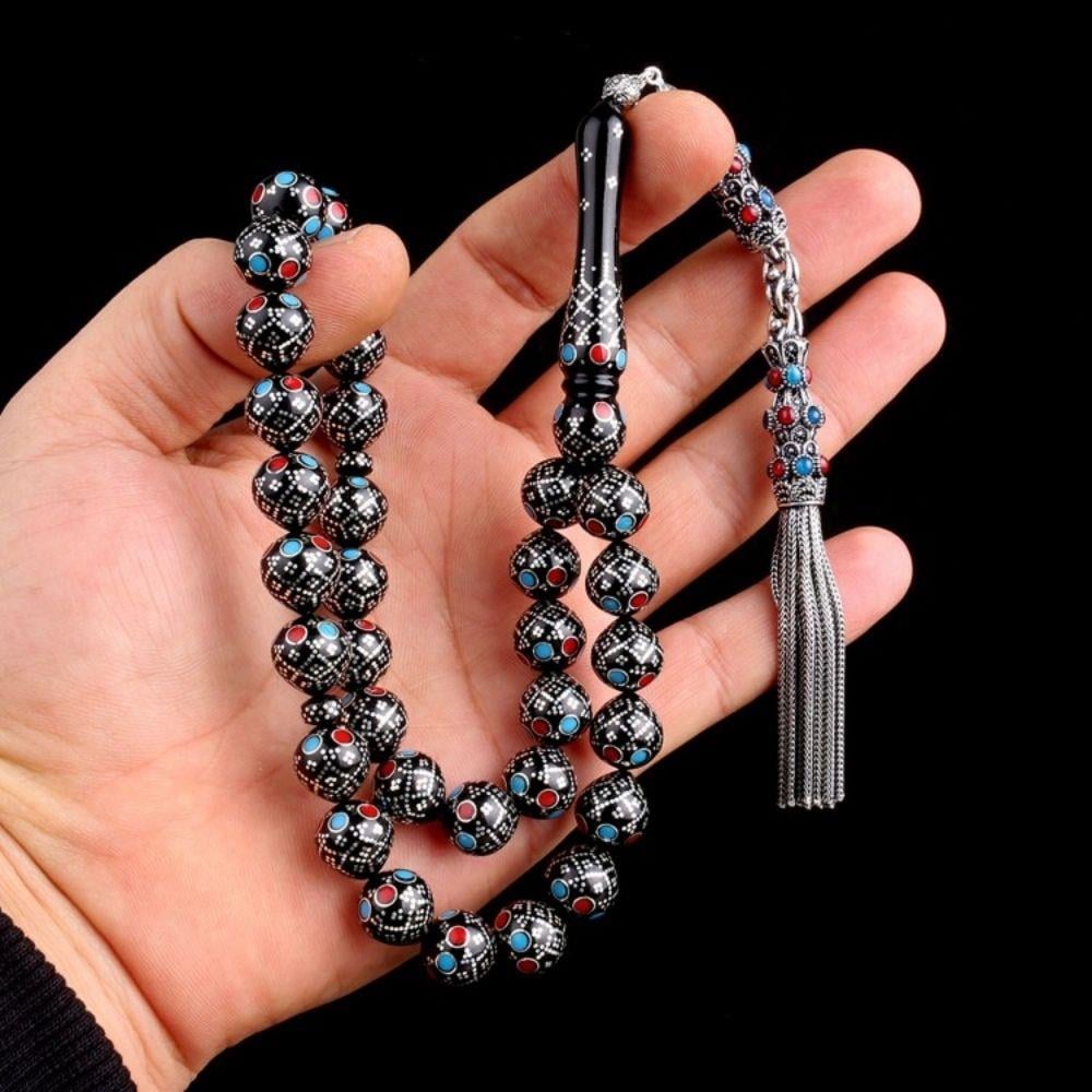 11mm Gümüş İşleme Bordo Mavi Mineli Usta El İşçiliği Kuka Tesbih