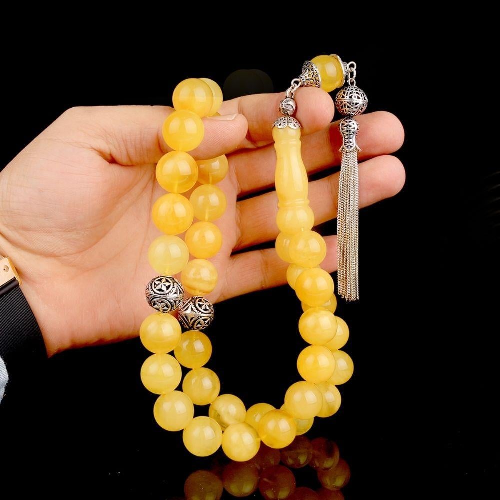 15 mm Büyük Gümüş Püsküllü Orijinal Damla Kehribar Tesbih