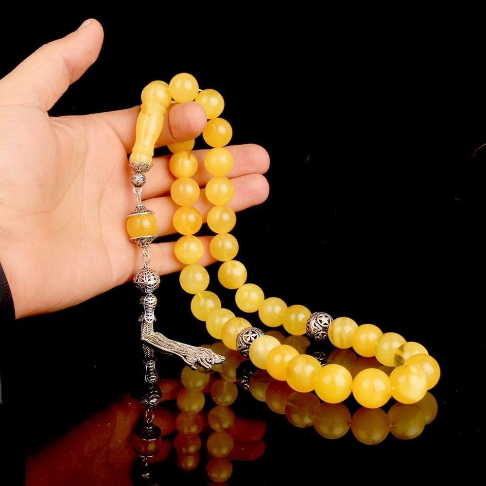 15 mm Büyük Gümüş Püsküllü Orijinal Damla Kehribar Tesbih
