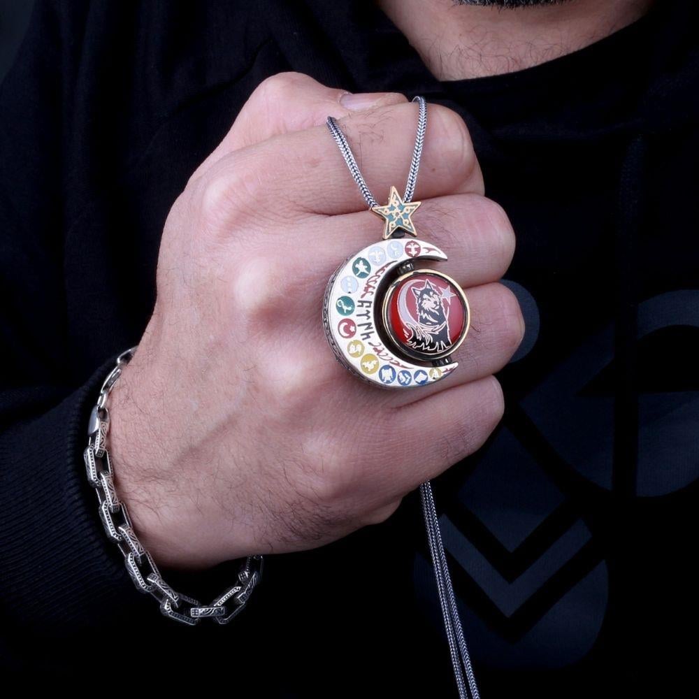 16 Türk Devleti Dönen Tasarım Gümüş Kolye