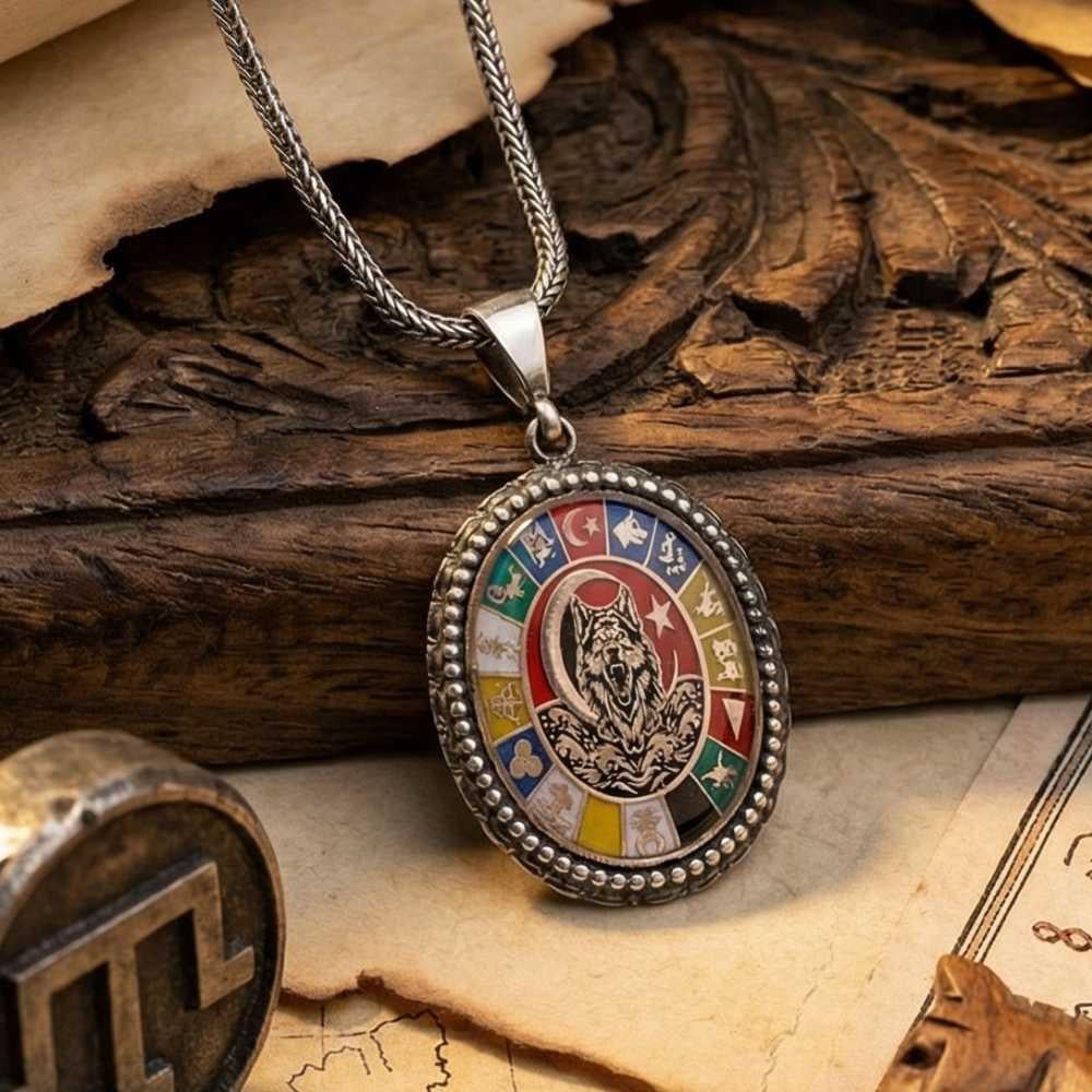 16 Türk Devleti Oval Bozkurt Gümüş Kolye16 Türk Devleti Kolye