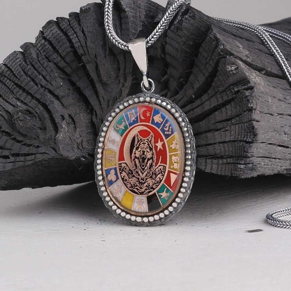 16 Türk Devleti Oval Bozkurt Gümüş Kolye16 Türk Devleti Kolye
