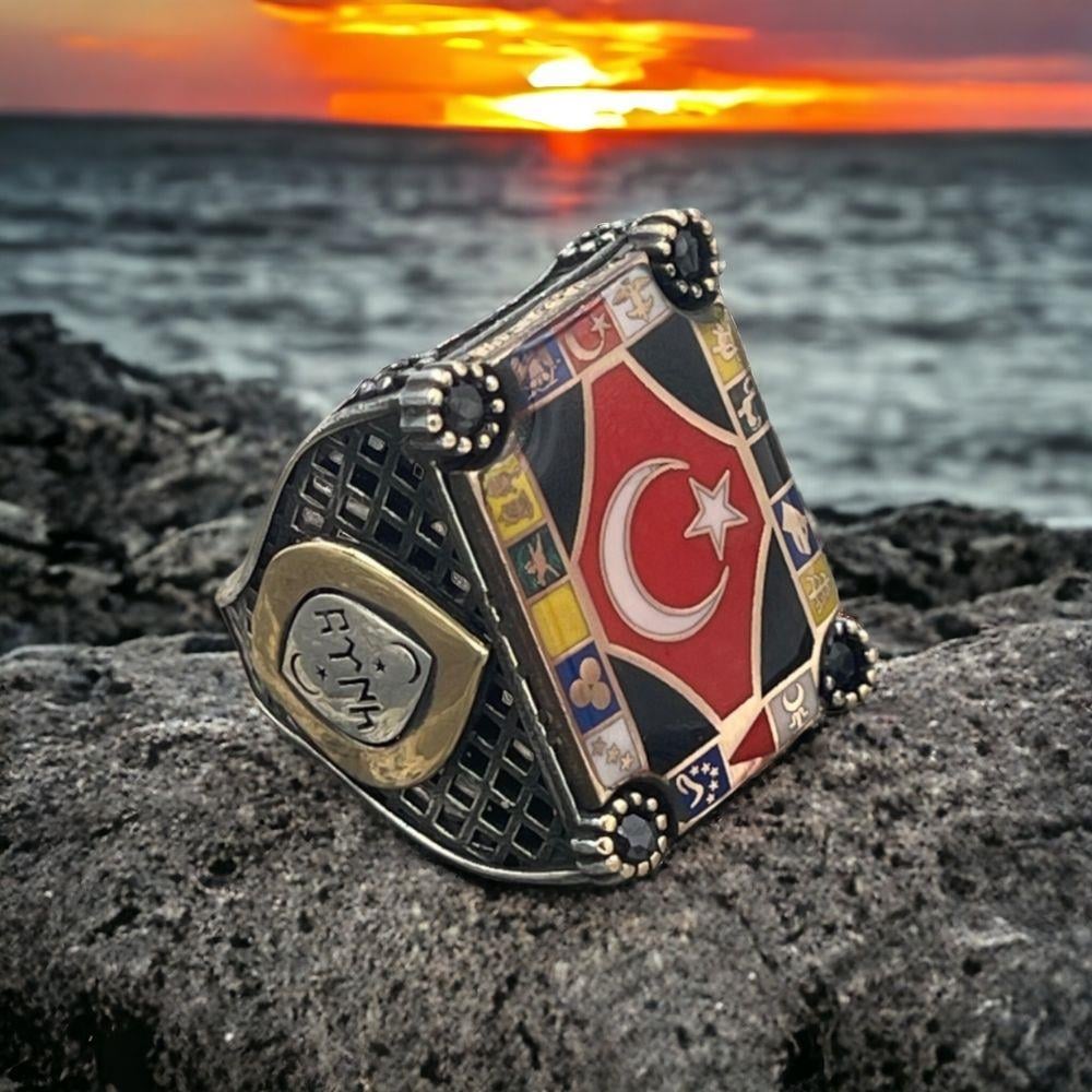16 Türk Devleti Türk Bayraklı Gümüş Yüzük