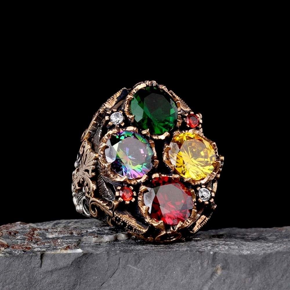 4 Renkli Zirkon Taşlı Gümüş YüzükDouble Headed Eagle Seljuk Ring